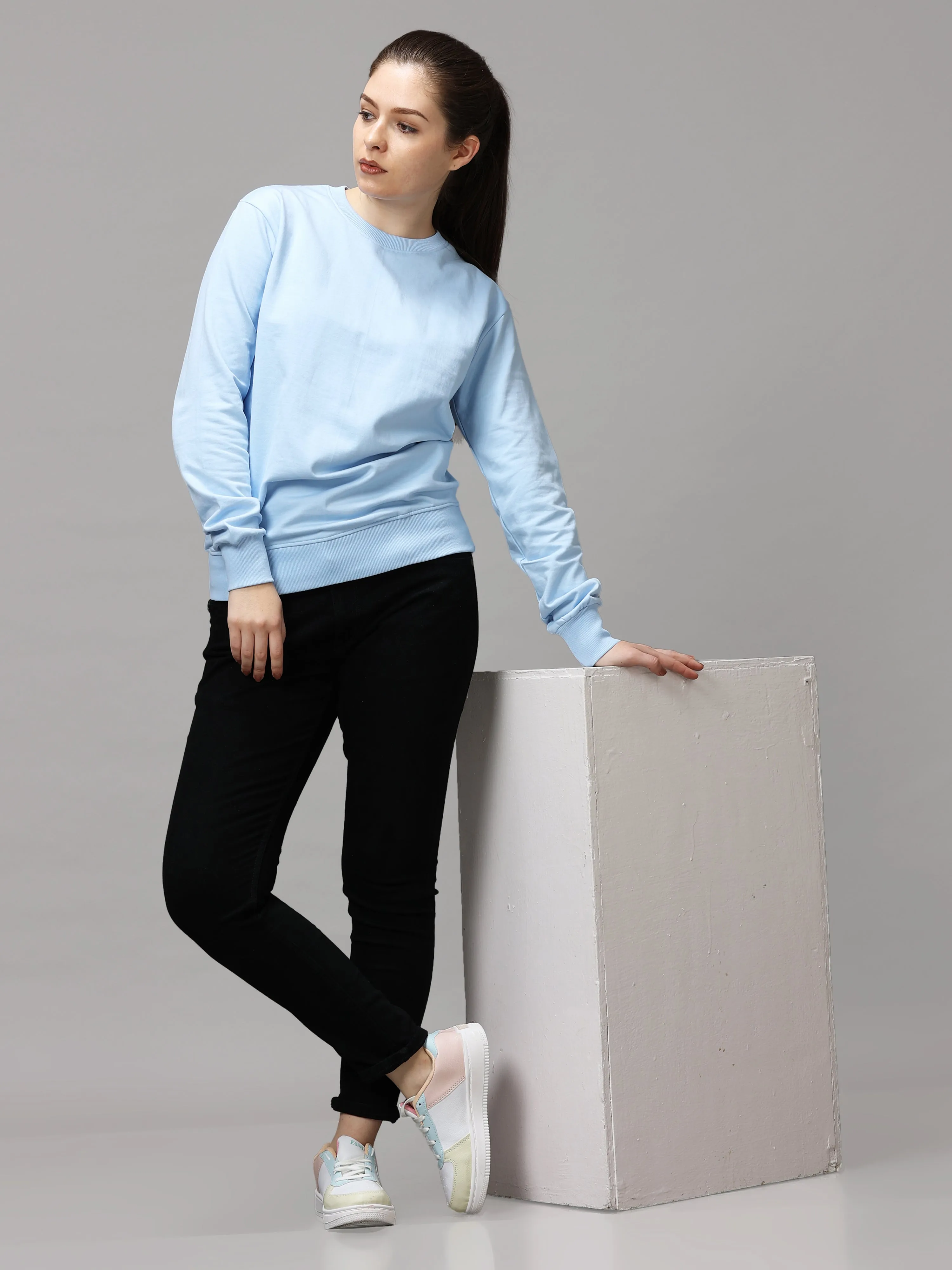 The Greenage Girl Solid Long Sky Sweat Shirt