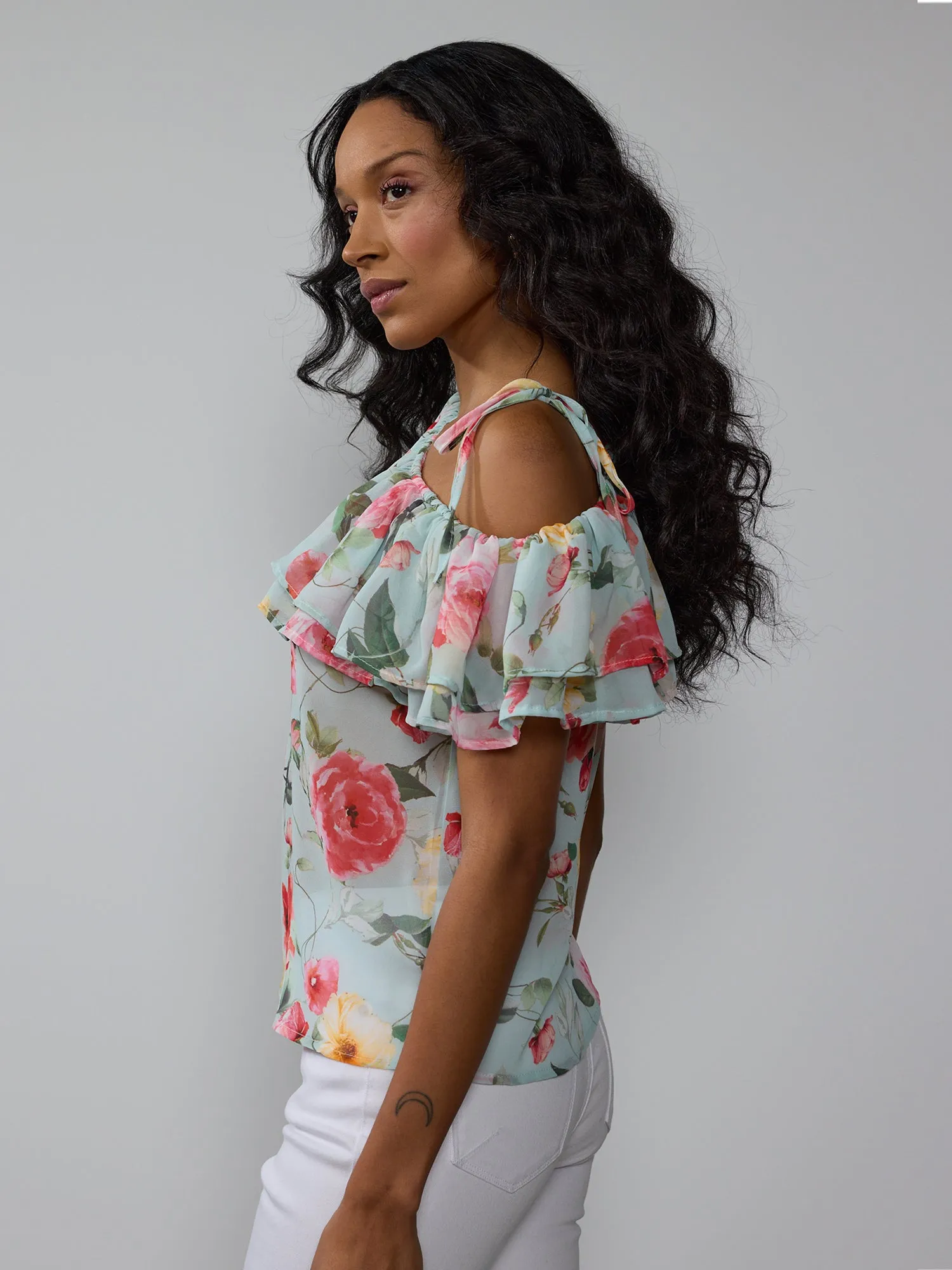 Tiered Ruffle Floral One Shoulder Blouse