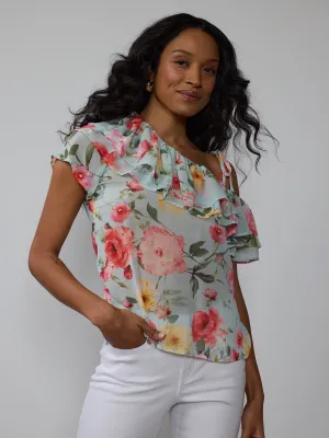 Tiered Ruffle Floral One Shoulder Blouse