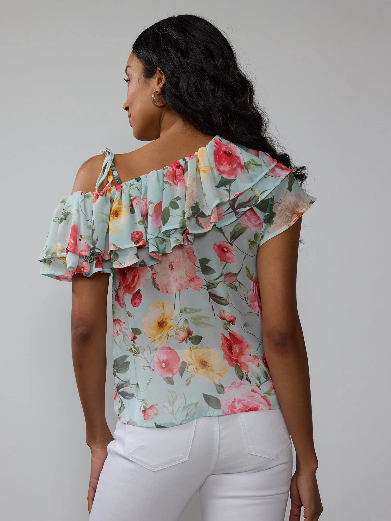 Tiered Ruffle Floral One Shoulder Blouse
