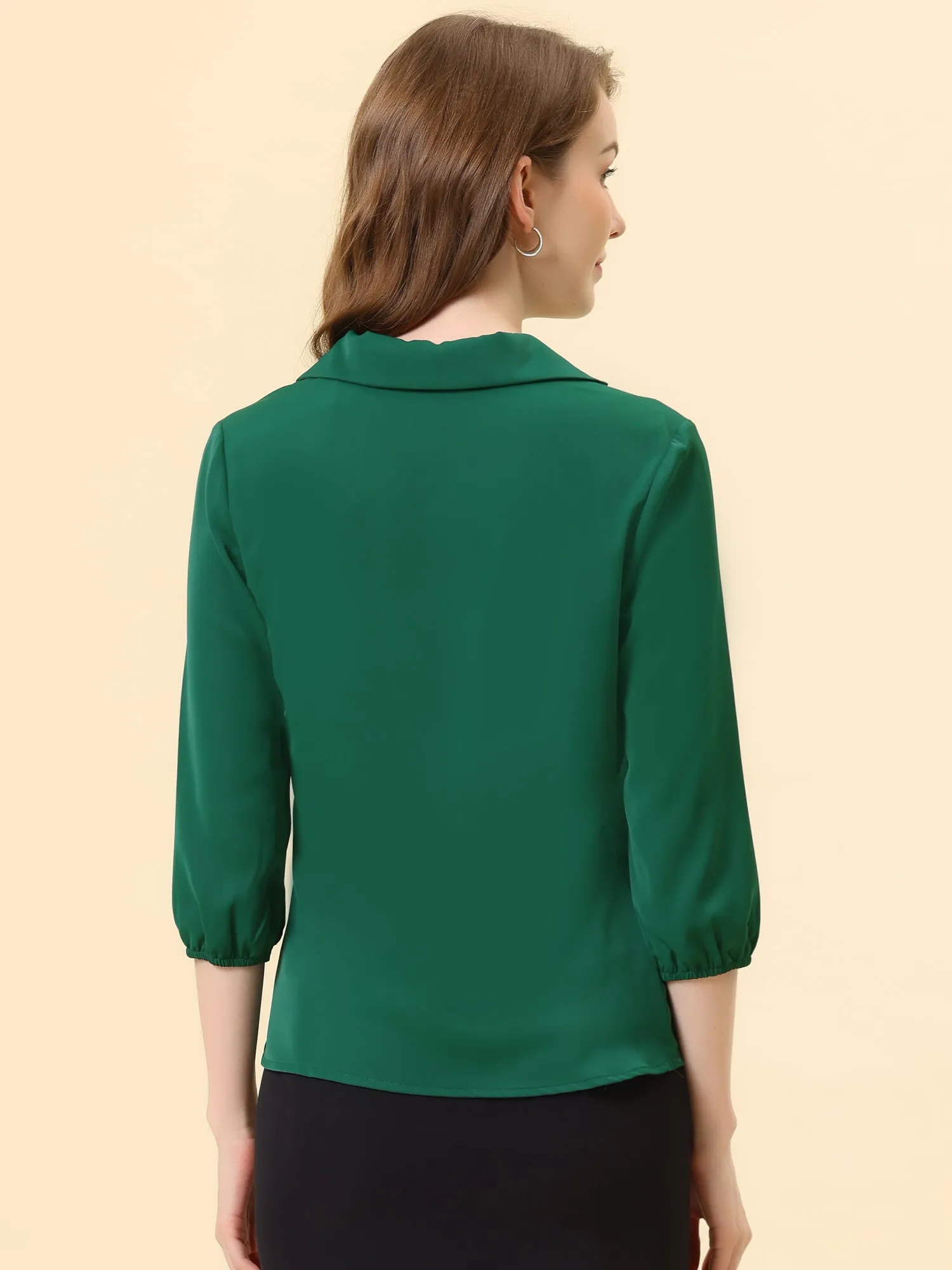 V Neck 3/4 Sleeve Collared Work Office Top Blouse