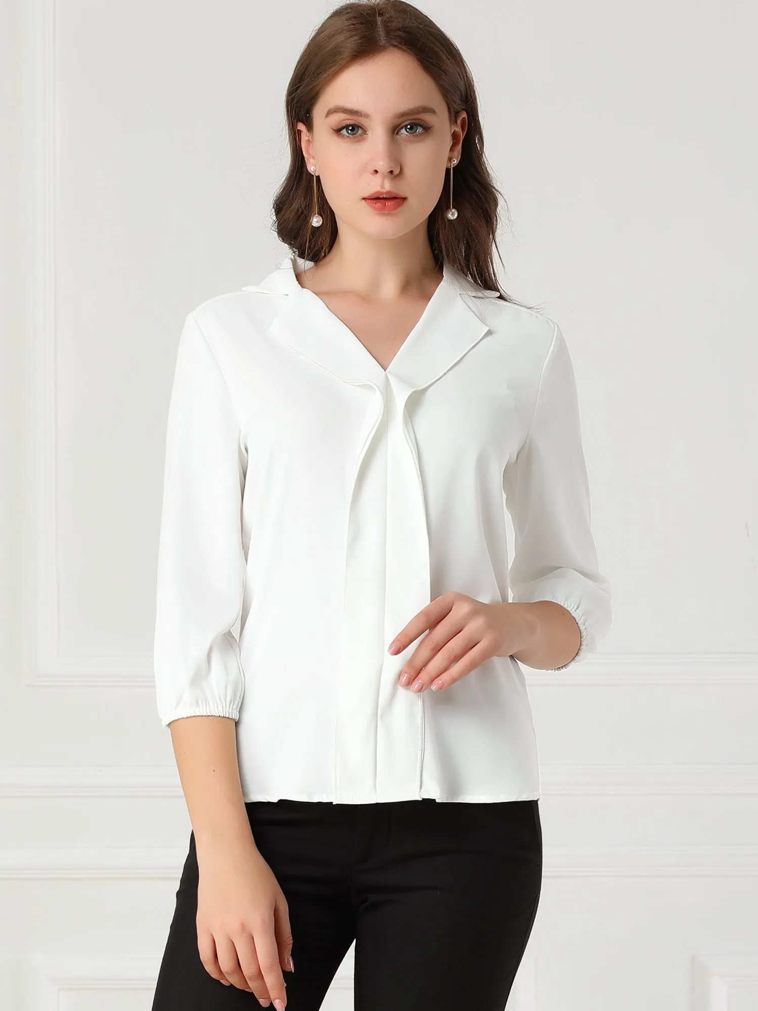 V Neck 3/4 Sleeve Collared Work Office Top Blouse