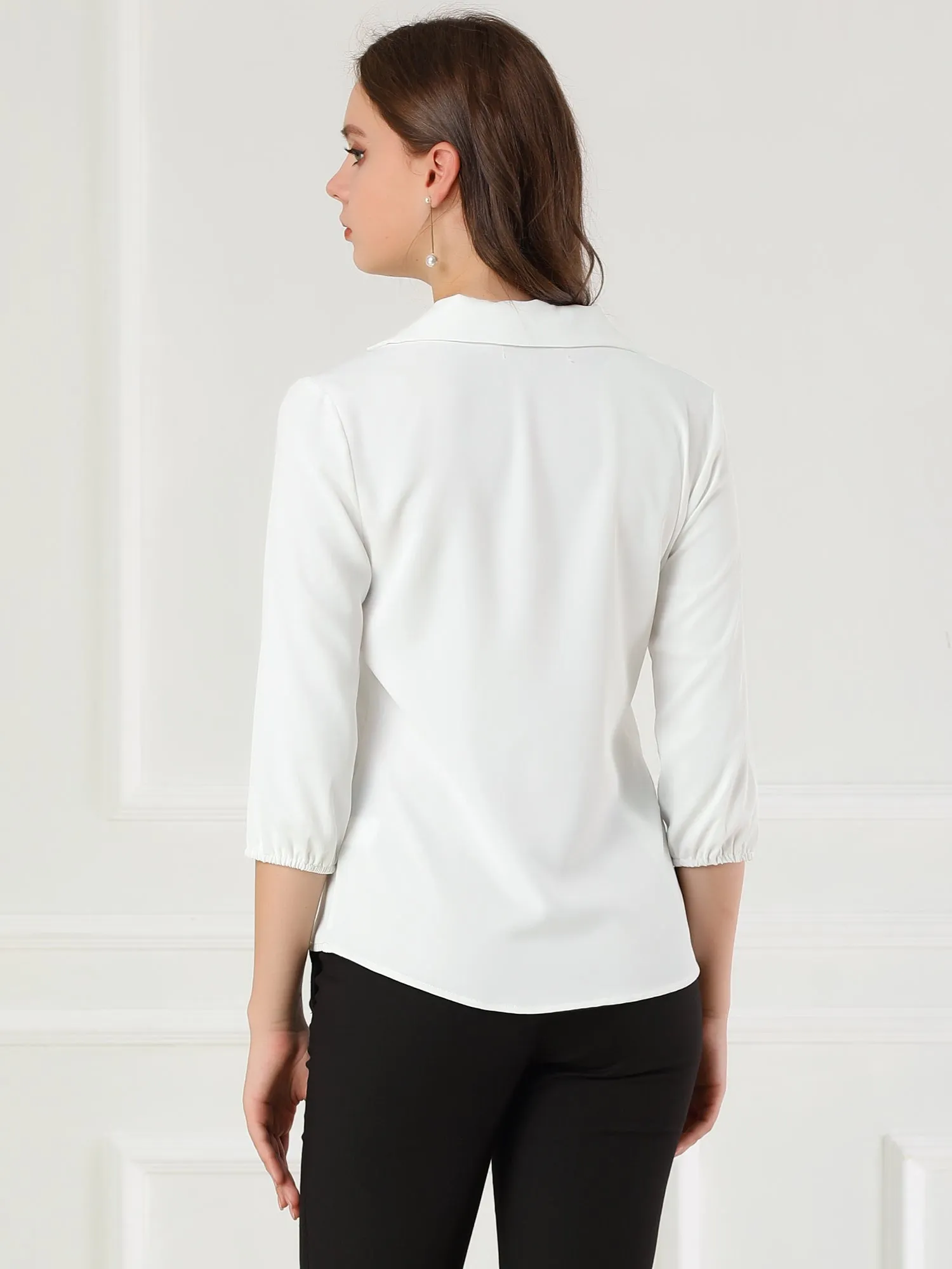 V Neck 3/4 Sleeve Collared Work Office Top Blouse