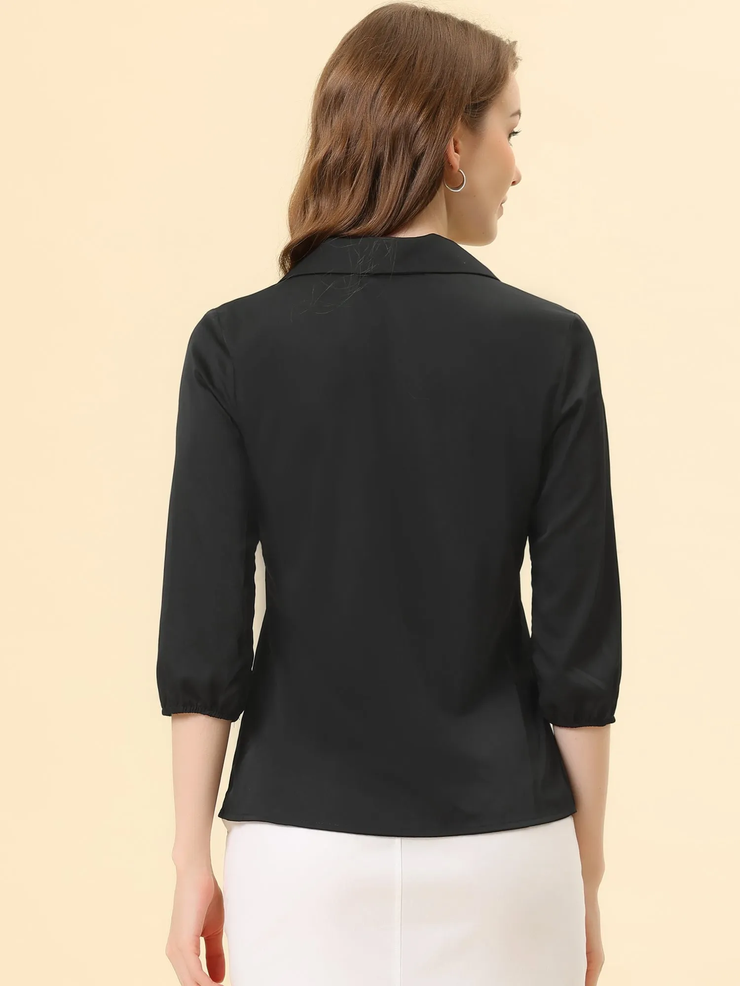V Neck 3/4 Sleeve Collared Work Office Top Blouse