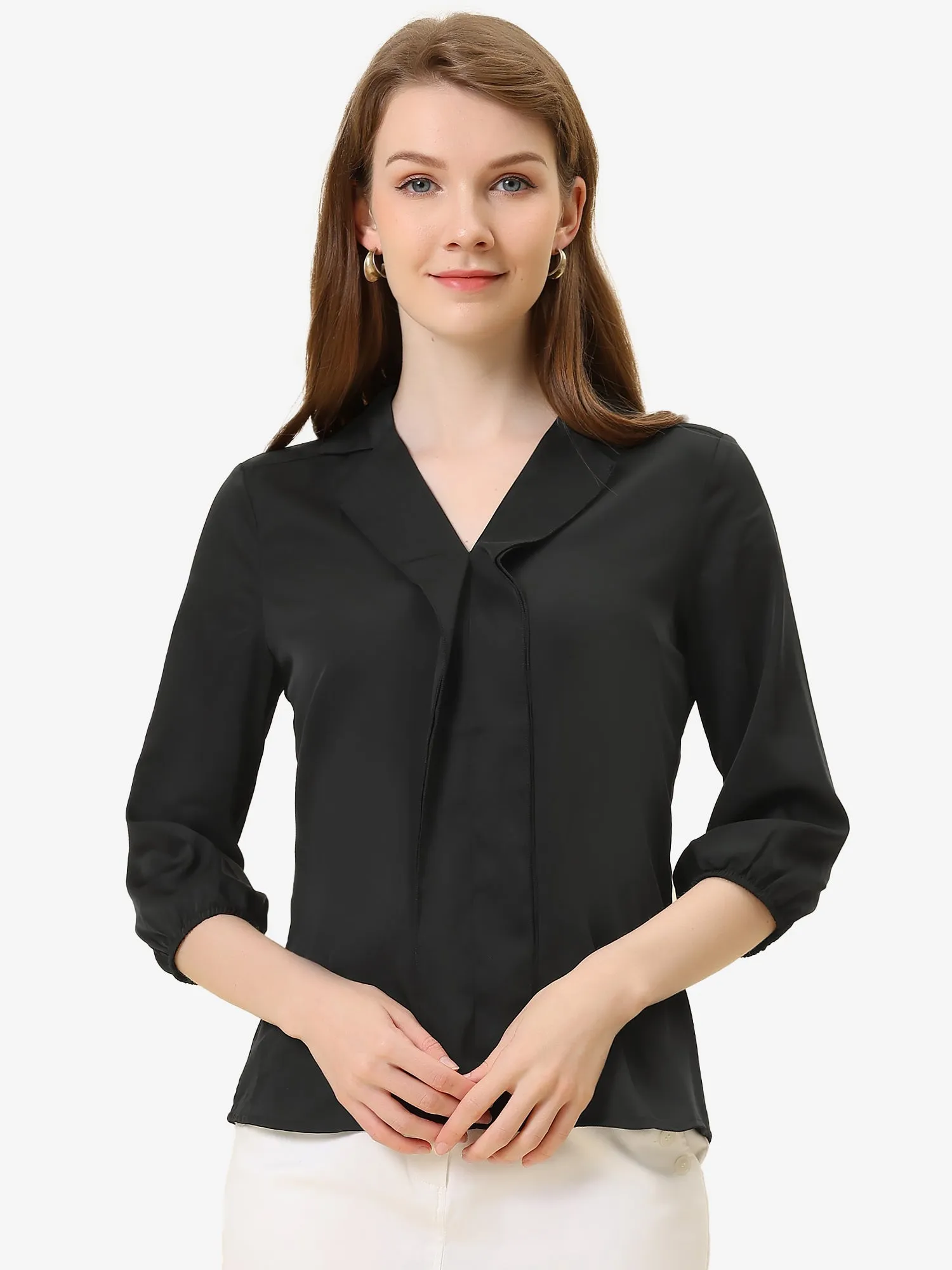 V Neck 3/4 Sleeve Collared Work Office Top Blouse