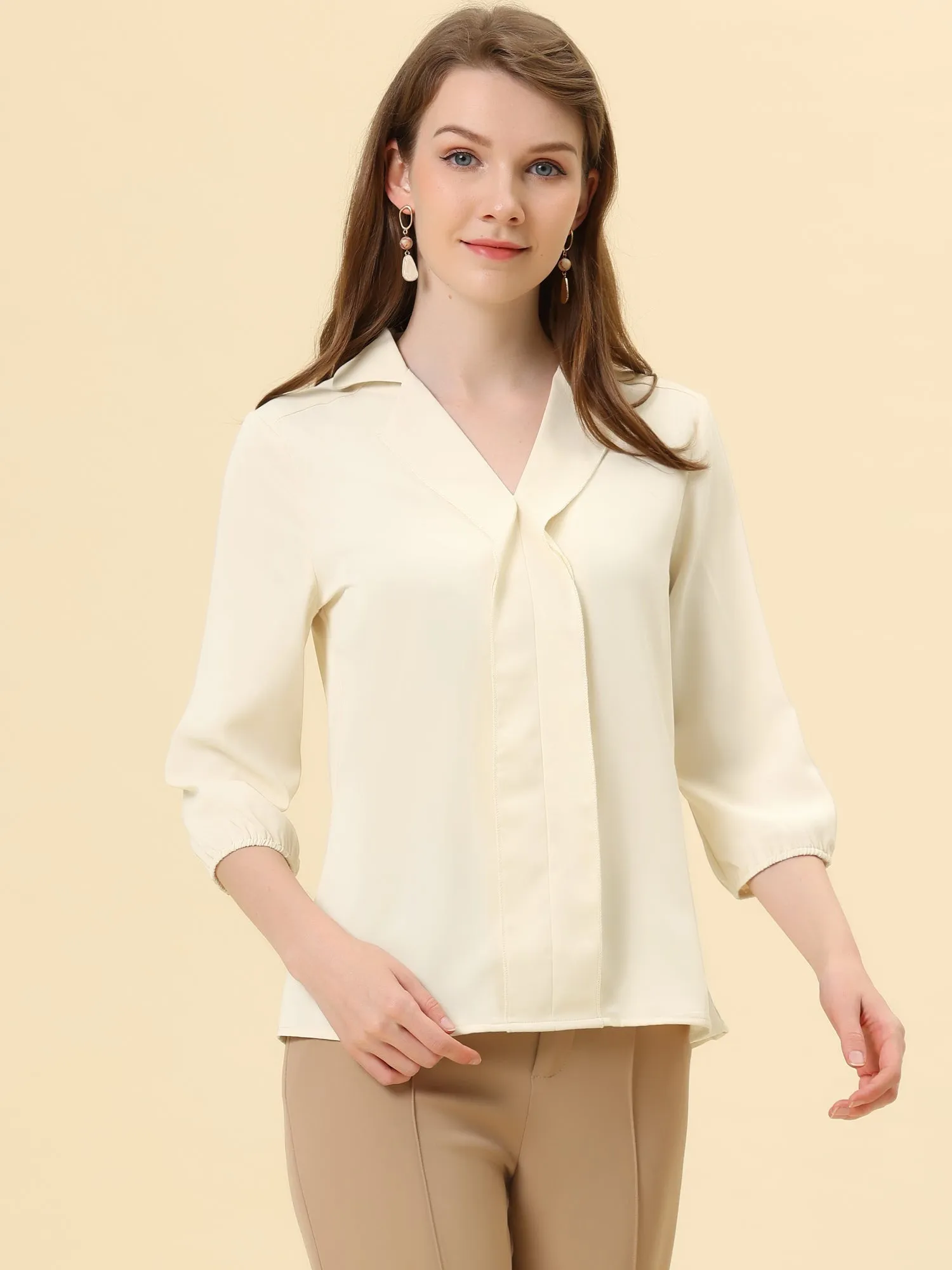 V Neck 3/4 Sleeve Collared Work Office Top Blouse