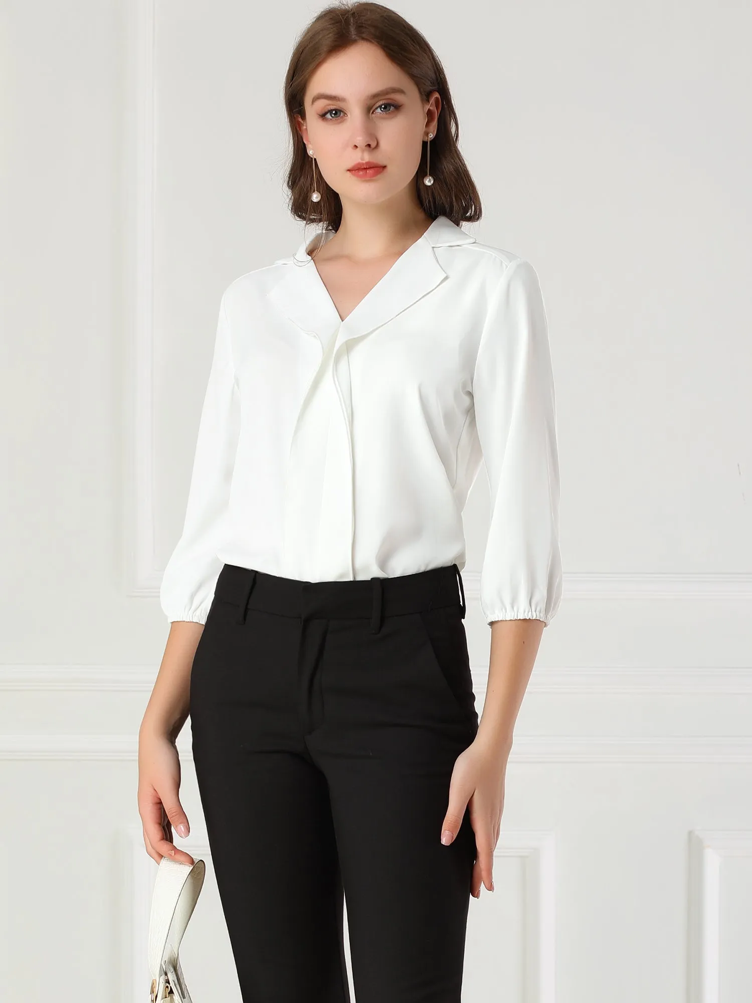 V Neck 3/4 Sleeve Collared Work Office Top Blouse