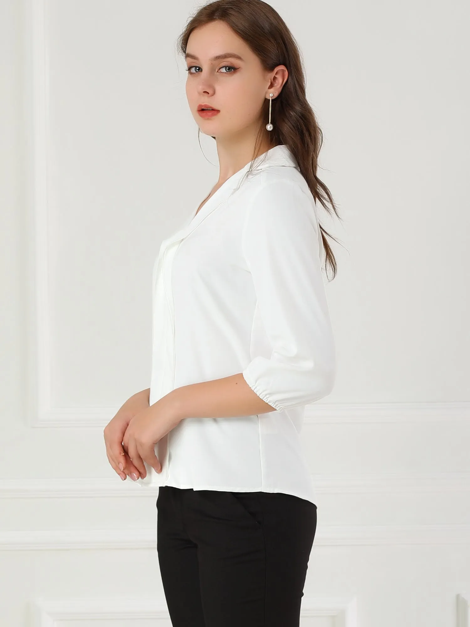 V Neck 3/4 Sleeve Collared Work Office Top Blouse