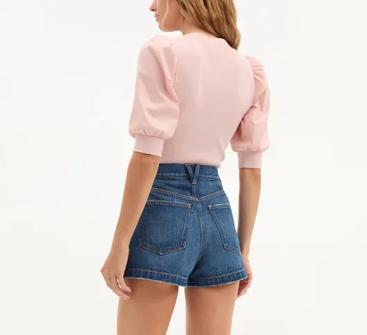Veronica Beard - Coralee Mixed Fabric Puff Sleeve Top in Pink Clay