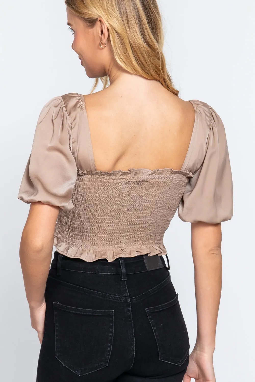 Women's Elbow Sleeve Straight Neck Smocking W/ruffle Detail Woven Top