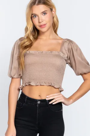 Women's Elbow Sleeve Straight Neck Smocking W/ruffle Detail Woven Top