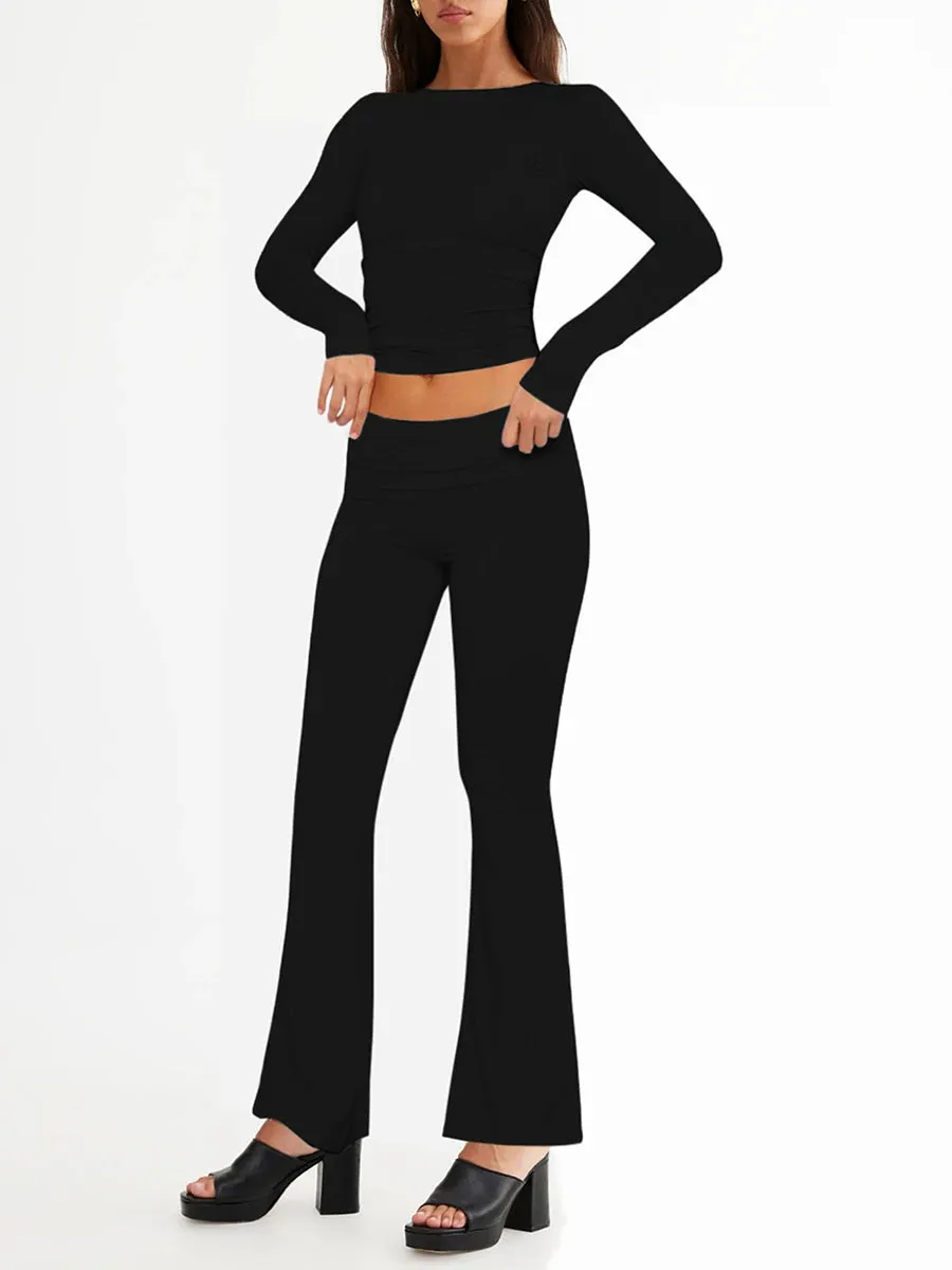 Yassiglia Two Piece Outfit Women Long Sleeve  Top Dupes Low Waist Yoga Pants Casual Lounge Wear Sets Y2K Tracksuit