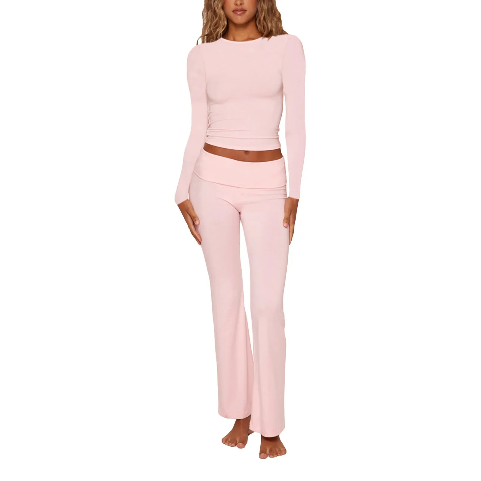 Yassiglia Two Piece Outfit Women Long Sleeve  Top Dupes Low Waist Yoga Pants Casual Lounge Wear Sets Y2K Tracksuit