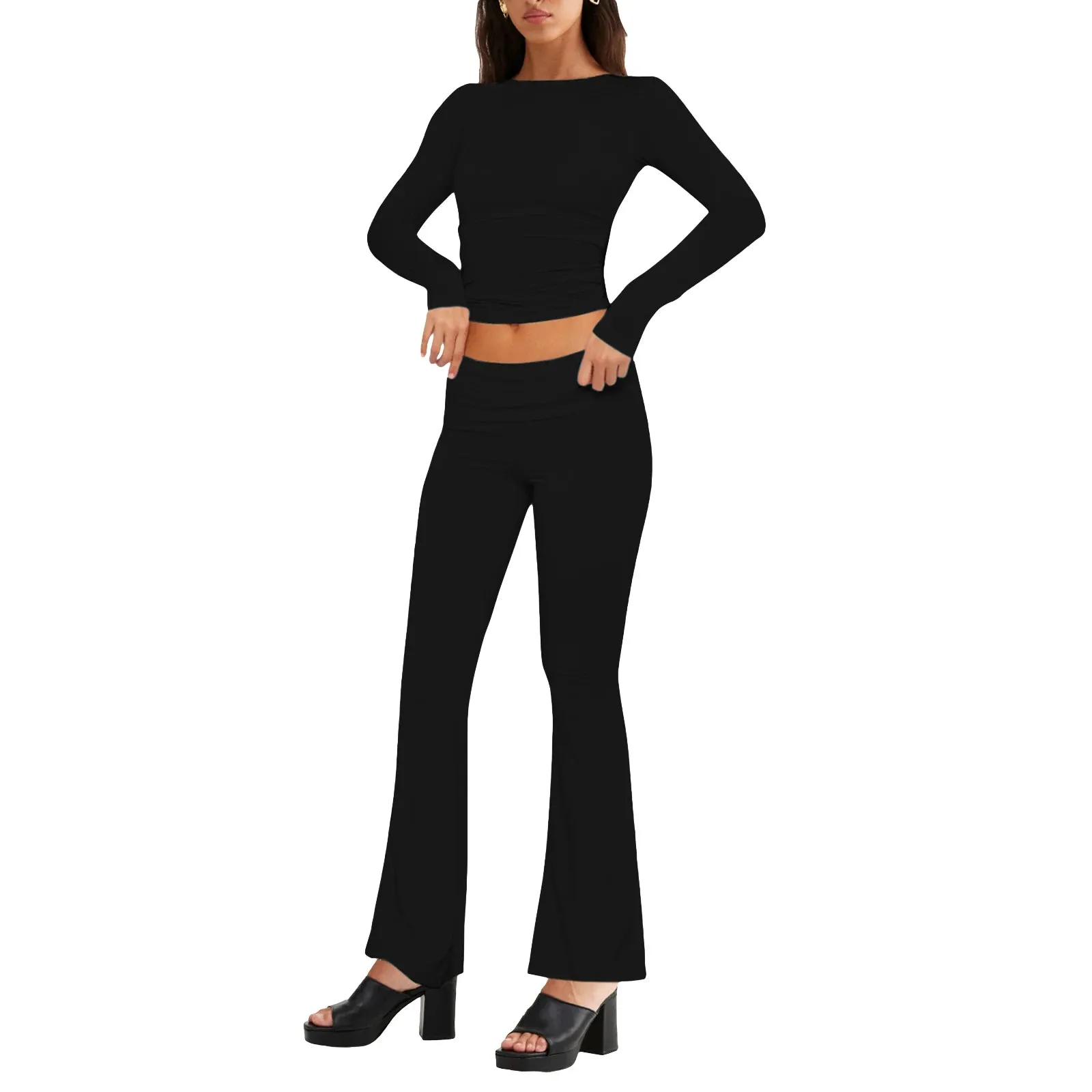 Yassiglia Two Piece Outfit Women Long Sleeve  Top Dupes Low Waist Yoga Pants Casual Lounge Wear Sets Y2K Tracksuit