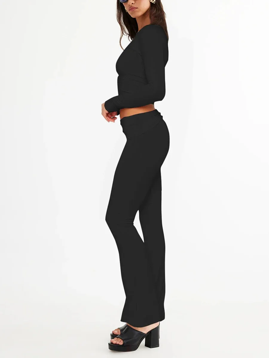 Yassiglia Two Piece Outfit Women Long Sleeve  Top Dupes Low Waist Yoga Pants Casual Lounge Wear Sets Y2K Tracksuit