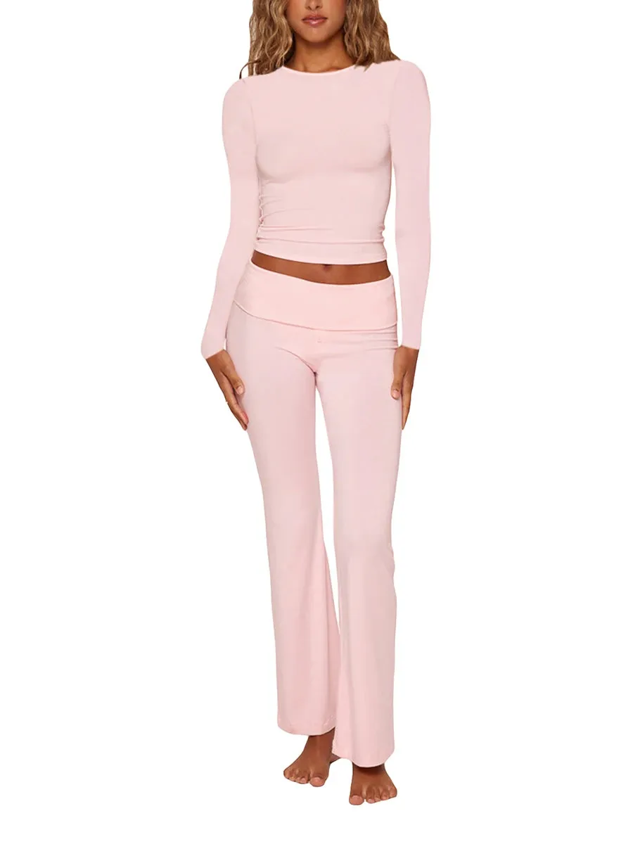 Yassiglia Two Piece Outfit Women Long Sleeve  Top Dupes Low Waist Yoga Pants Casual Lounge Wear Sets Y2K Tracksuit